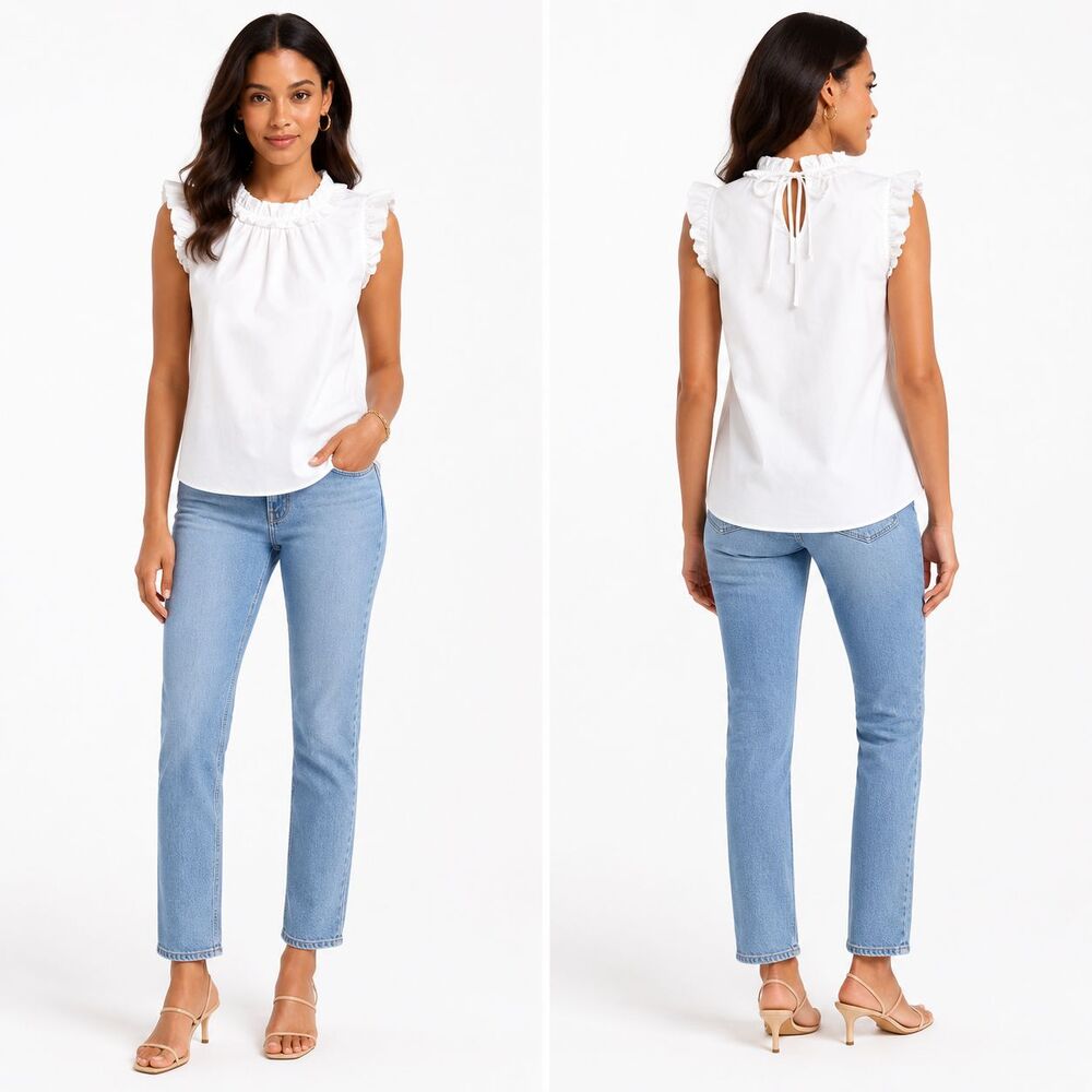 J.Crew XS White Ruffle Neck Sleeveless Top Re-Imagined Cotton Blouse BR781
